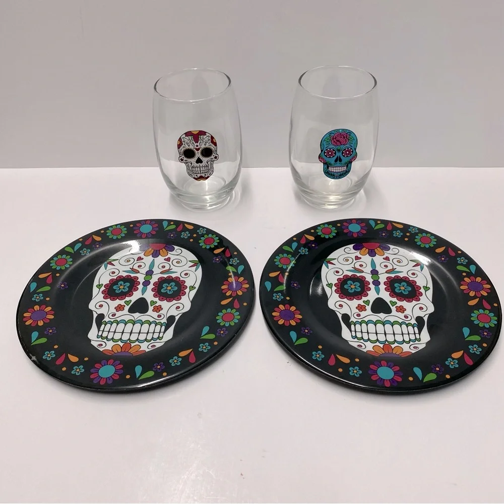 Day of the Dead Sugar Skull Stemless Wine Glasses and Plates Set NWT